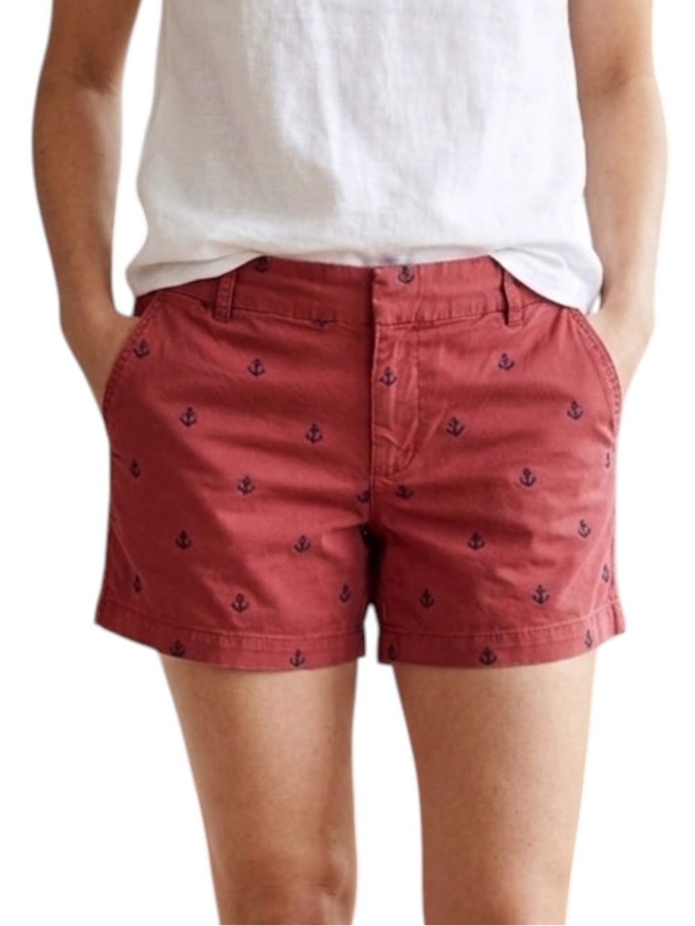 Jones NY Red Shorts Blue Embroidered Anchors 6 Preppy Retro Nautical